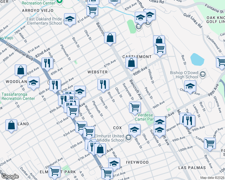 map of restaurants, bars, coffee shops, grocery stores, and more near 9029 Olive Street in Oakland