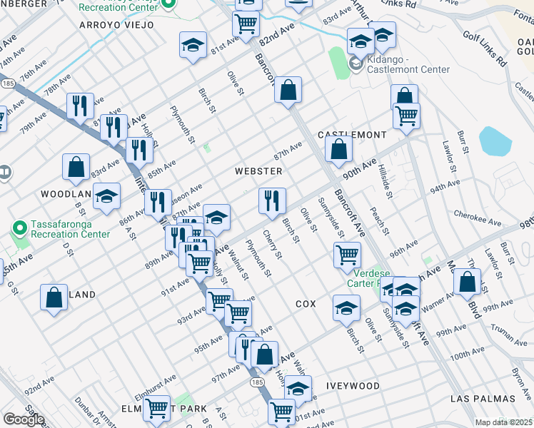 map of restaurants, bars, coffee shops, grocery stores, and more near 1738 89th Avenue in Oakland