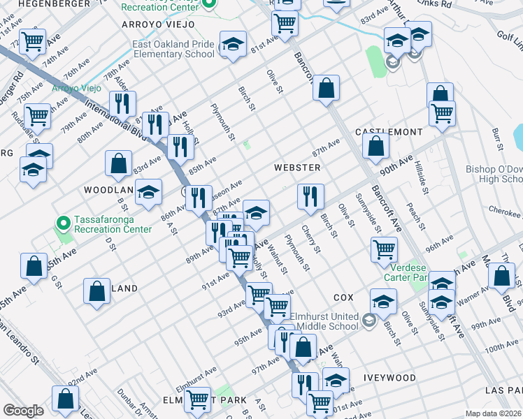 map of restaurants, bars, coffee shops, grocery stores, and more near 1641 89th Avenue in Oakland