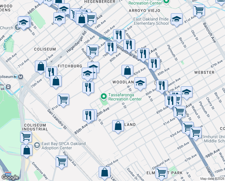 map of restaurants, bars, coffee shops, grocery stores, and more near 1038 83rd Avenue in Oakland