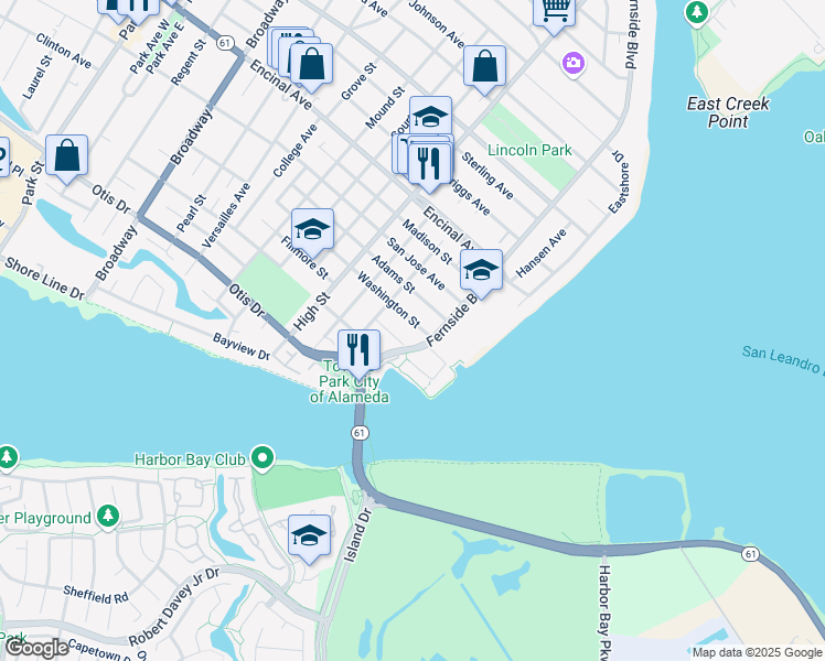 map of restaurants, bars, coffee shops, grocery stores, and more near 3291 Washington Street in Alameda