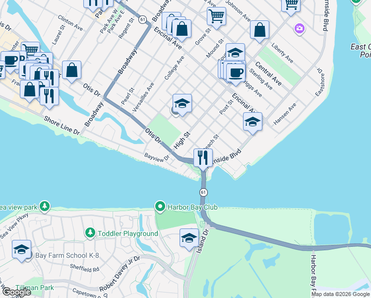map of restaurants, bars, coffee shops, grocery stores, and more near 975 Post Street in Alameda