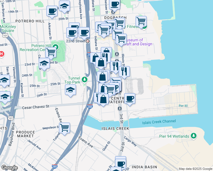 map of restaurants, bars, coffee shops, grocery stores, and more near 1405 Minnesota Street in San Francisco