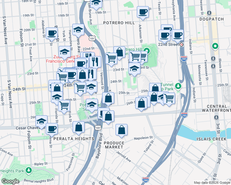 map of restaurants, bars, coffee shops, grocery stores, and more near in San Francisco