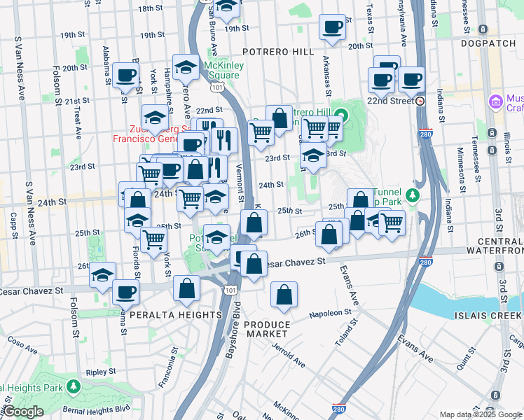 map of restaurants, bars, coffee shops, grocery stores, and more near in San Francisco