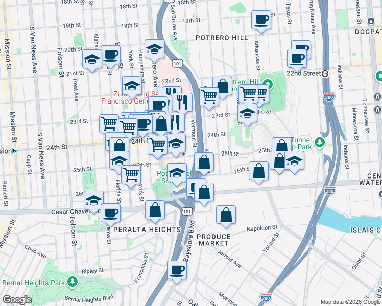 map of restaurants, bars, coffee shops, grocery stores, and more near in San Francisco