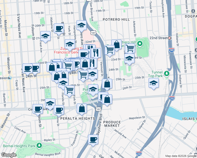 map of restaurants, bars, coffee shops, grocery stores, and more near in San Francisco