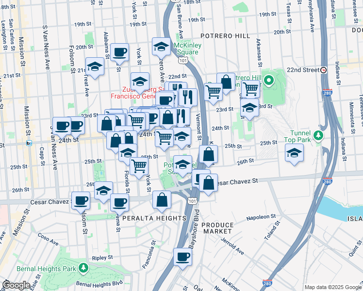 map of restaurants, bars, coffee shops, grocery stores, and more near in San Francisco