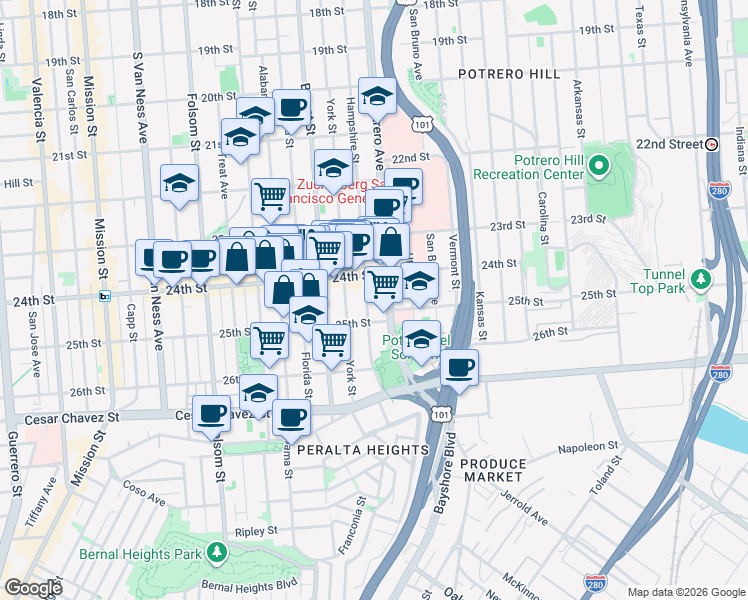 map of restaurants, bars, coffee shops, grocery stores, and more near 1264 Hampshire Street in San Francisco