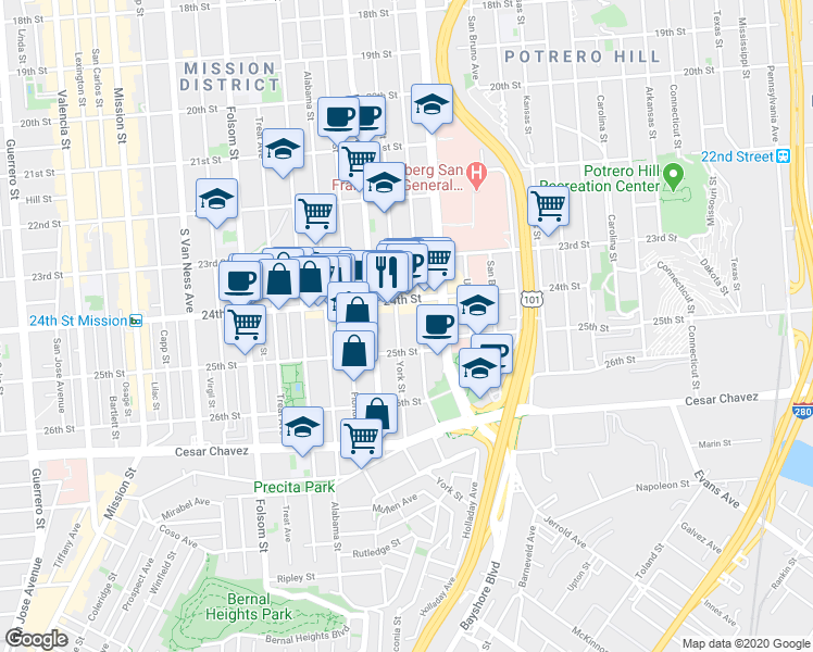 map of restaurants, bars, coffee shops, grocery stores, and more near 1264 Hampshire Street in San Francisco