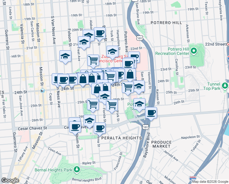 map of restaurants, bars, coffee shops, grocery stores, and more near 2647 Bryant Street in San Francisco