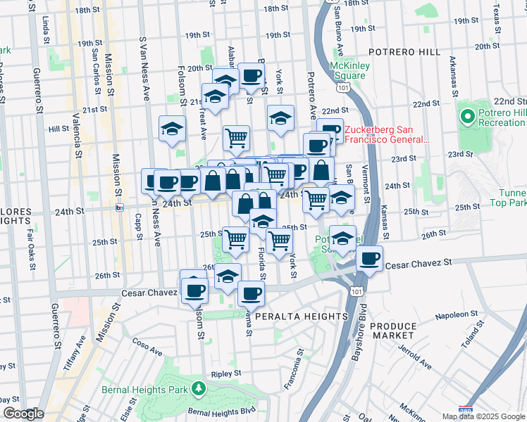 map of restaurants, bars, coffee shops, grocery stores, and more near 2647 Bryant Street in San Francisco