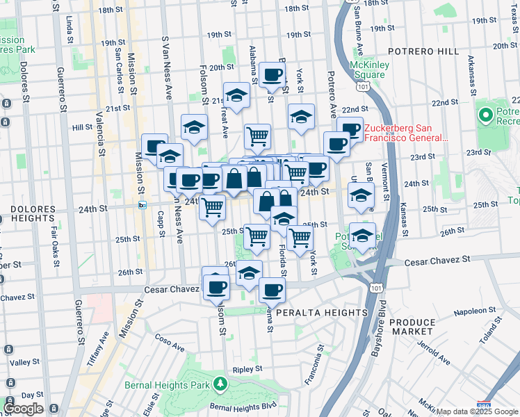 map of restaurants, bars, coffee shops, grocery stores, and more near 1245 Alabama Street in San Francisco