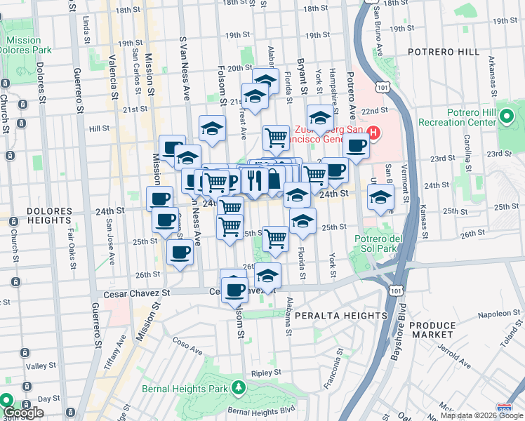 map of restaurants, bars, coffee shops, grocery stores, and more near in San Francisco