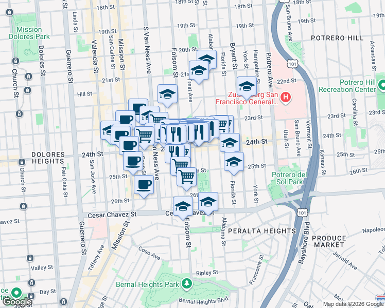 map of restaurants, bars, coffee shops, grocery stores, and more near in San Francisco