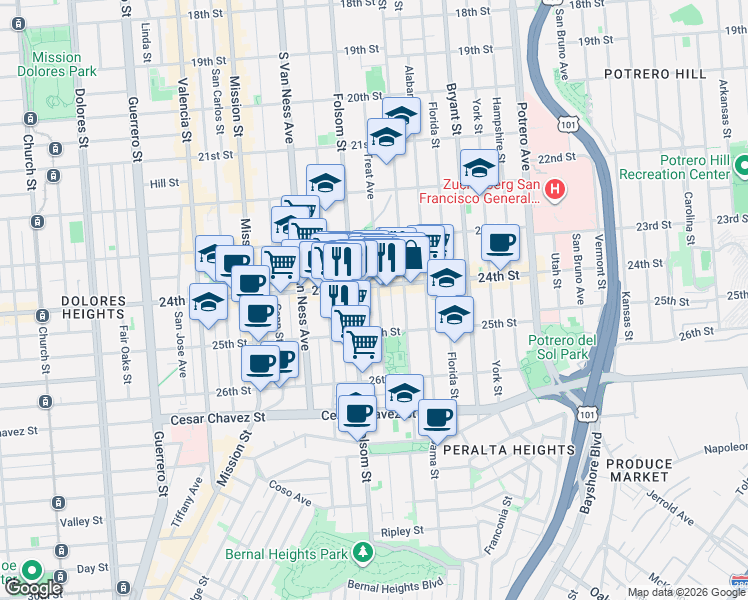 map of restaurants, bars, coffee shops, grocery stores, and more near in San Francisco