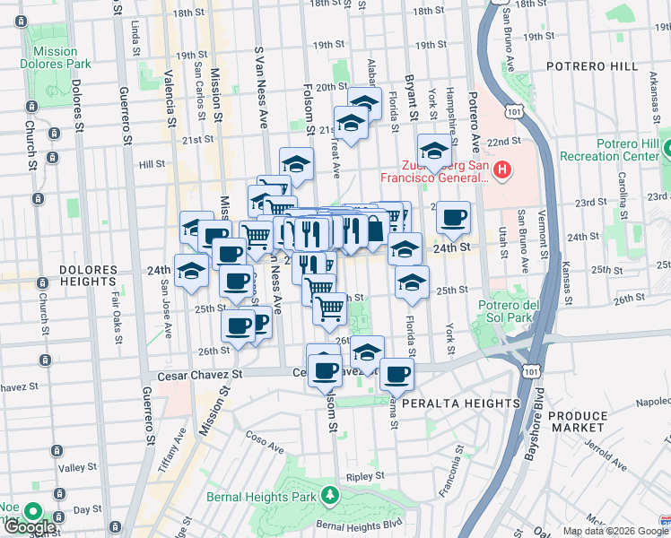 map of restaurants, bars, coffee shops, grocery stores, and more near in San Francisco