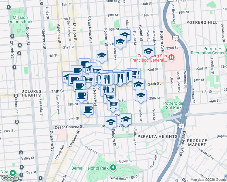 map of restaurants, bars, coffee shops, grocery stores, and more near in San Francisco