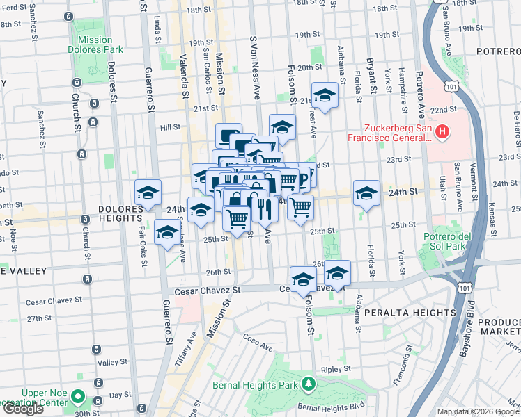 map of restaurants, bars, coffee shops, grocery stores, and more near 1316 South Van Ness Avenue in San Francisco