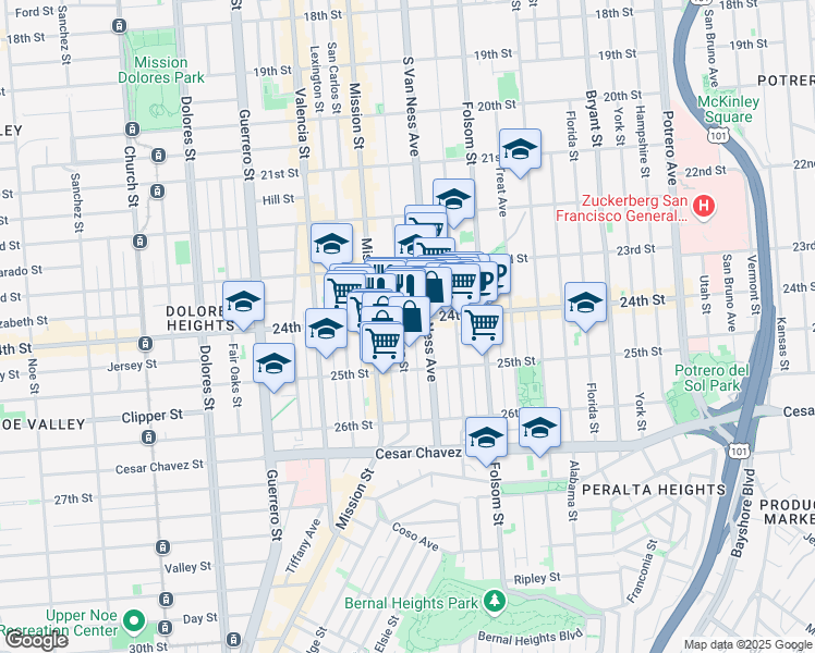 map of restaurants, bars, coffee shops, grocery stores, and more near 1316 South Van Ness Avenue in San Francisco