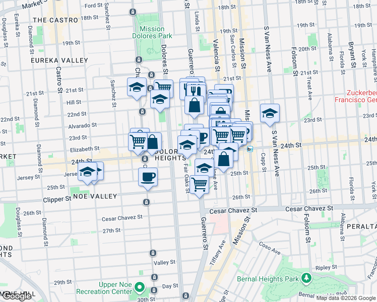 map of restaurants, bars, coffee shops, grocery stores, and more near 3651 24th Street in San Francisco