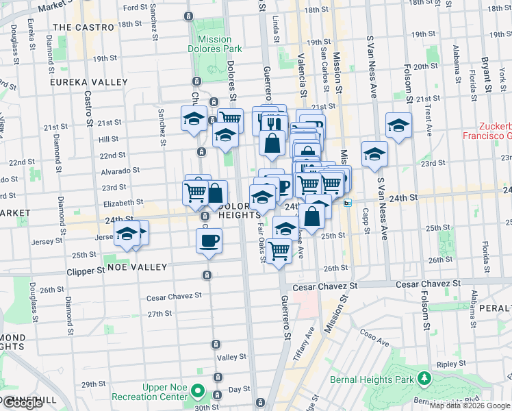 map of restaurants, bars, coffee shops, grocery stores, and more near 3651 24th Street in San Francisco