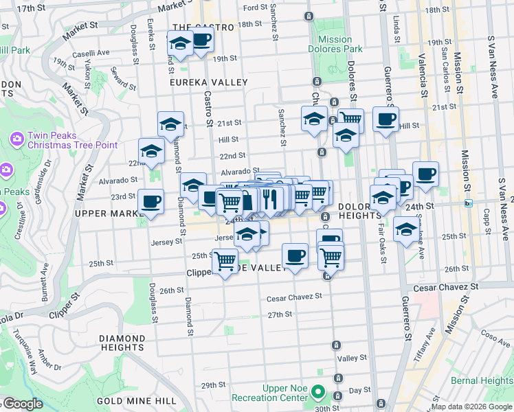 map of restaurants, bars, coffee shops, grocery stores, and more near 485 Elizabeth Street in San Francisco