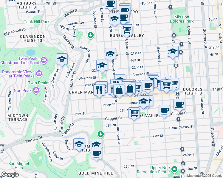 map of restaurants, bars, coffee shops, grocery stores, and more near 748 Elizabeth Street in San Francisco