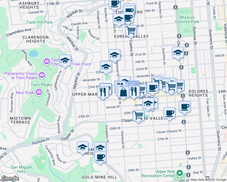 map of restaurants, bars, coffee shops, grocery stores, and more near 748 Elizabeth Street in San Francisco