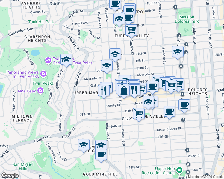 map of restaurants, bars, coffee shops, grocery stores, and more near 748 Elizabeth Street in San Francisco