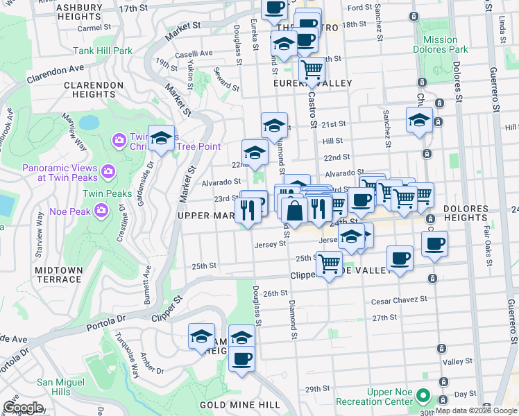 map of restaurants, bars, coffee shops, grocery stores, and more near 748 Elizabeth Street in San Francisco