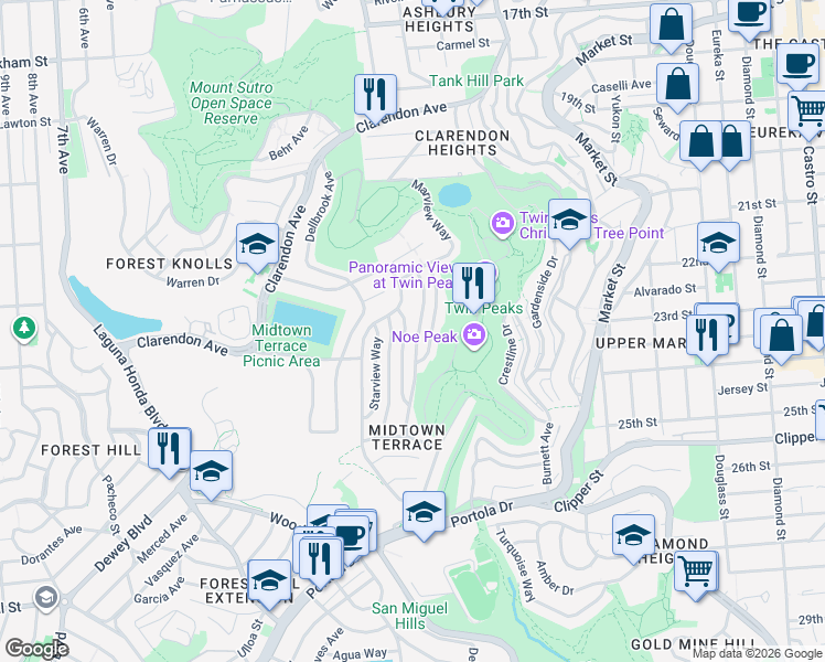 map of restaurants, bars, coffee shops, grocery stores, and more near 21 Aquavista Way in San Francisco