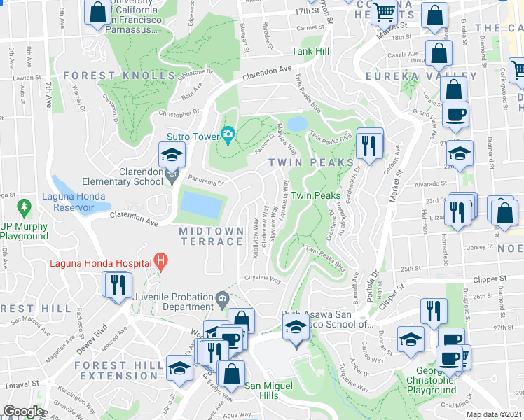 map of restaurants, bars, coffee shops, grocery stores, and more near 135 Knollview Way in San Francisco