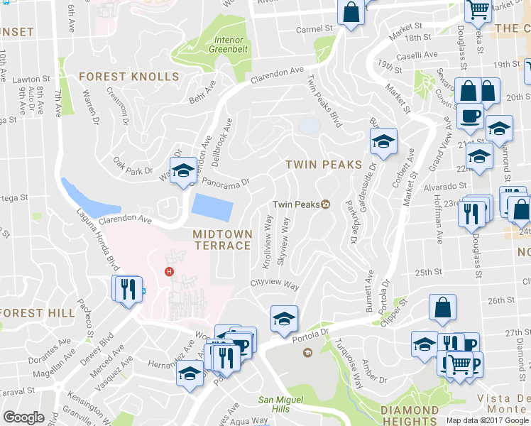 map of restaurants, bars, coffee shops, grocery stores, and more near 135 Knollview Way in San Francisco