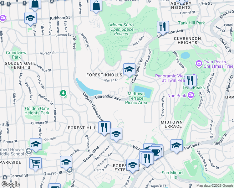 map of restaurants, bars, coffee shops, grocery stores, and more near 672 Clarendon Avenue in San Francisco