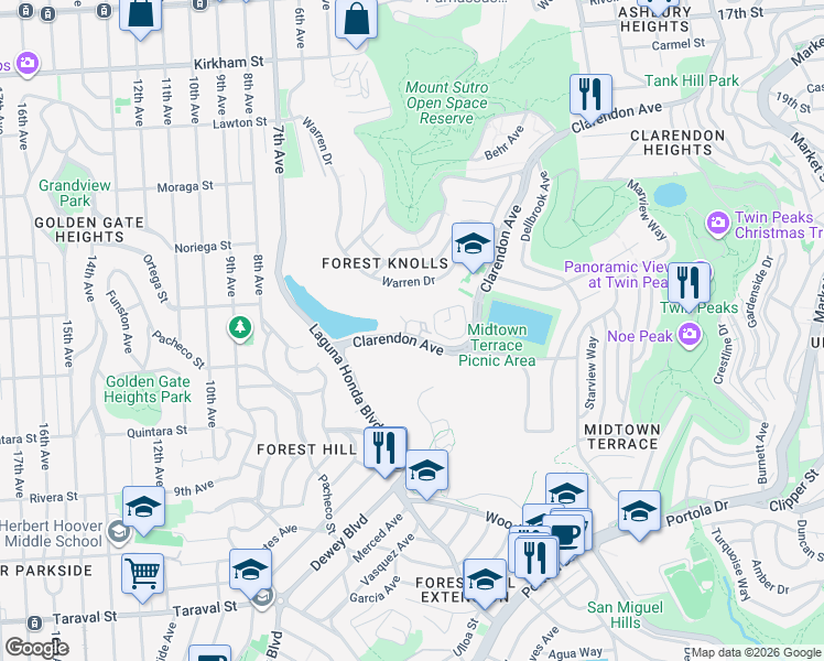 map of restaurants, bars, coffee shops, grocery stores, and more near 672 Clarendon Avenue in San Francisco