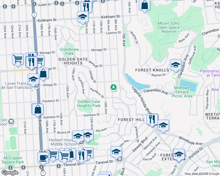 map of restaurants, bars, coffee shops, grocery stores, and more near 1943 9th Avenue in San Francisco