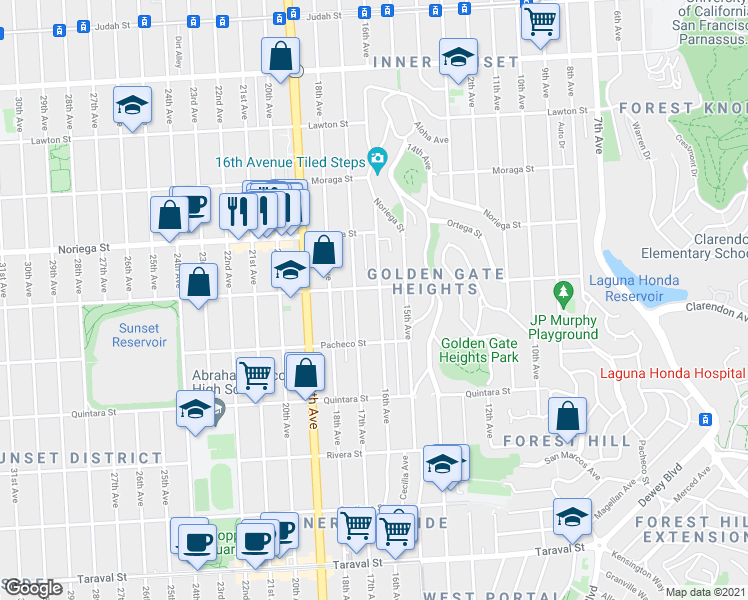 map of restaurants, bars, coffee shops, grocery stores, and more near 1921 16th Avenue in San Francisco