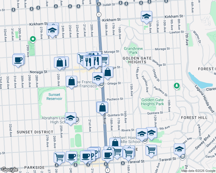 map of restaurants, bars, coffee shops, grocery stores, and more near 1922 18th Avenue in San Francisco