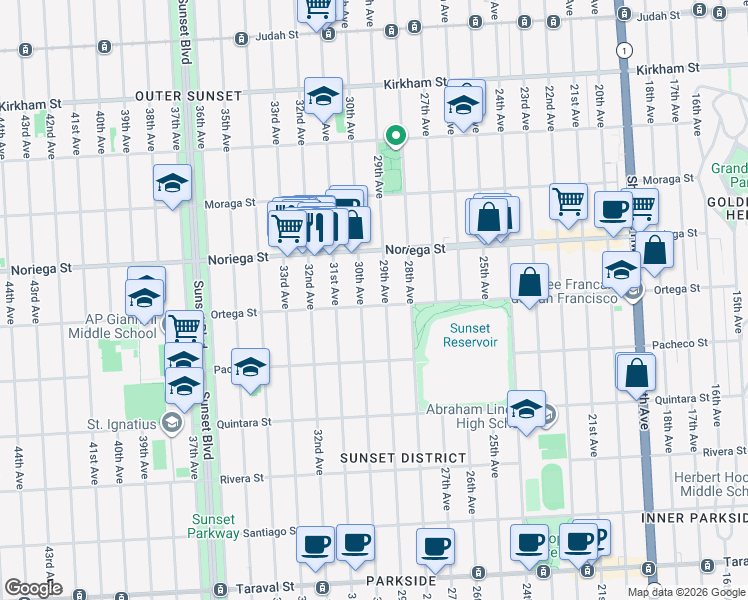 map of restaurants, bars, coffee shops, grocery stores, and more near 2150 Ortega Street in San Francisco