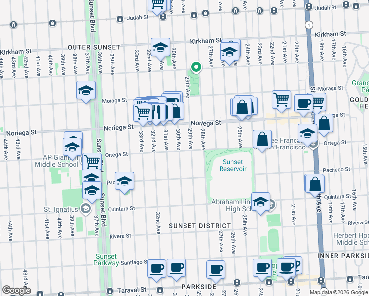 map of restaurants, bars, coffee shops, grocery stores, and more near 2150 Ortega Street in San Francisco