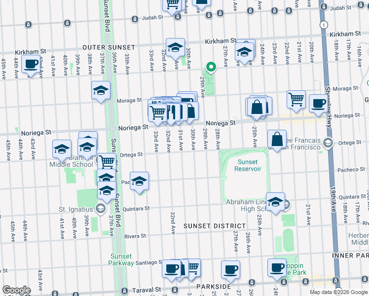 map of restaurants, bars, coffee shops, grocery stores, and more near 2300 Ortega Street in San Francisco