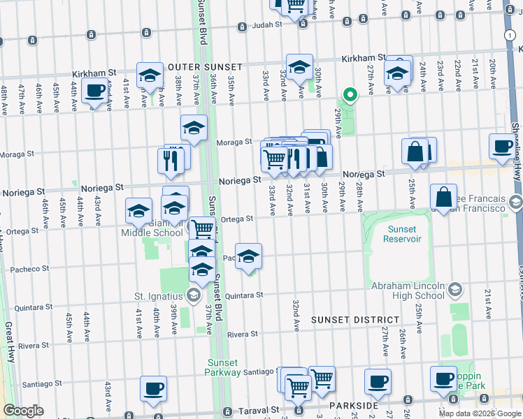 map of restaurants, bars, coffee shops, grocery stores, and more near 1887 33rd Avenue in San Francisco