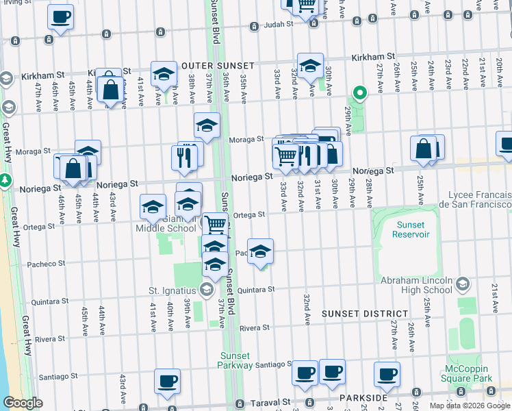 map of restaurants, bars, coffee shops, grocery stores, and more near 2724 Ortega Street in San Francisco
