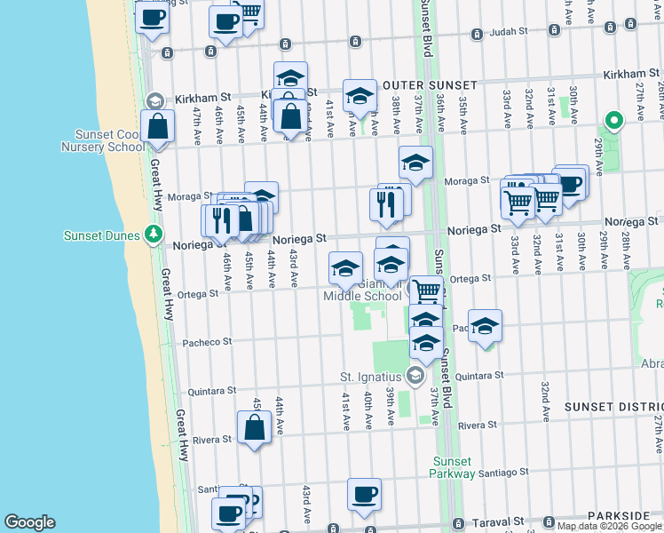 map of restaurants, bars, coffee shops, grocery stores, and more near 1862 42nd Avenue in San Francisco
