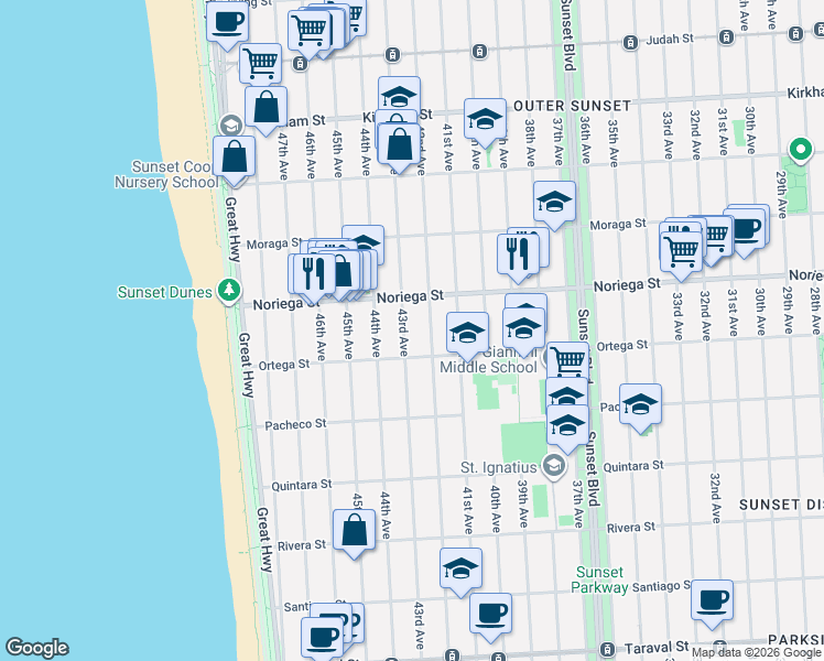 map of restaurants, bars, coffee shops, grocery stores, and more near 1858 43rd Avenue in San Francisco