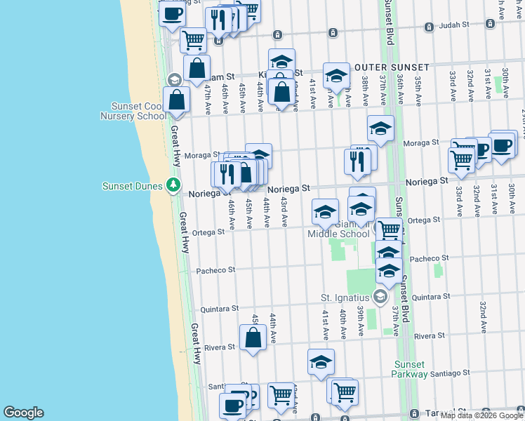 map of restaurants, bars, coffee shops, grocery stores, and more near 1855 44th Avenue in San Francisco