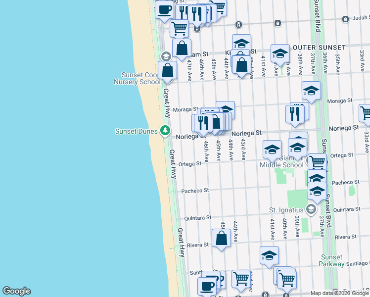 map of restaurants, bars, coffee shops, grocery stores, and more near 1847 47th Avenue in San Francisco