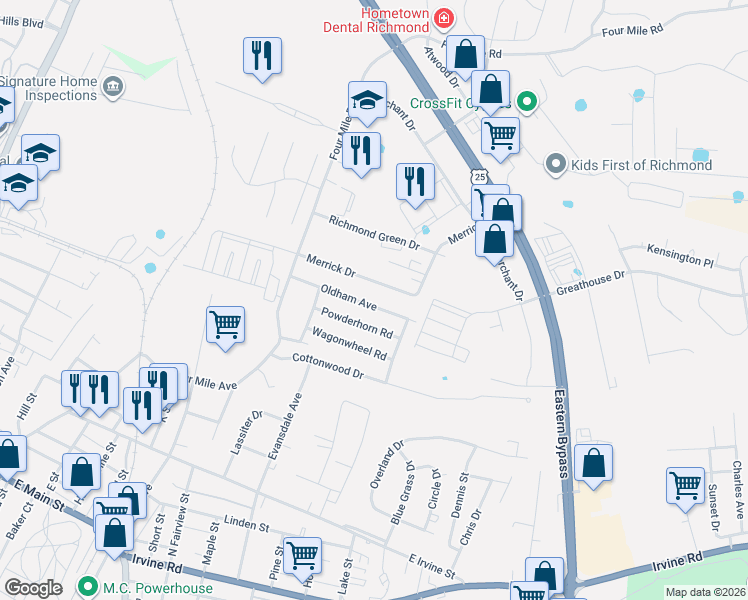 map of restaurants, bars, coffee shops, grocery stores, and more near 614 Oldham Avenue in Richmond