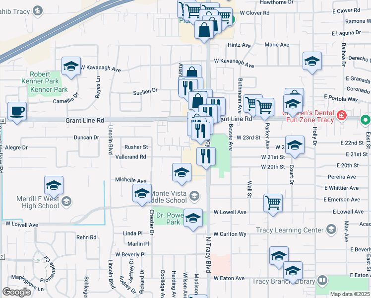 map of restaurants, bars, coffee shops, grocery stores, and more near 2162 Wildflower Court in Tracy